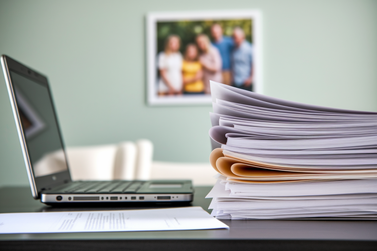 bureau-ordinateur-papiers-photo-famille