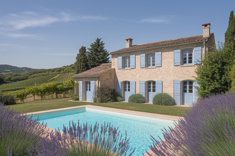 ferme-provencale-volets-bleus-piscine-lavande