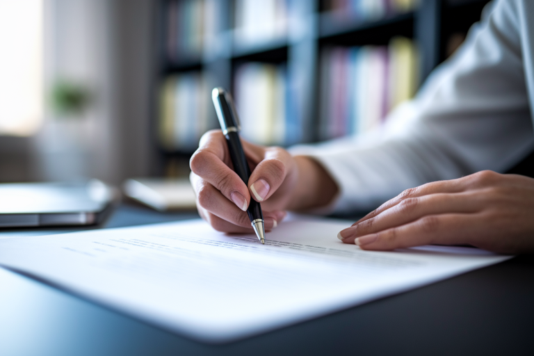 main-stylo-papier-texte-flou