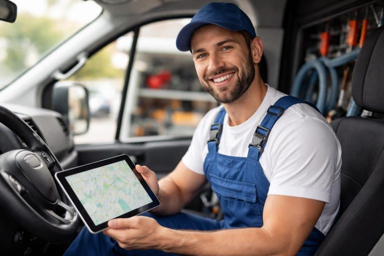 plombier-uniforme-camionnette-tablette-outils