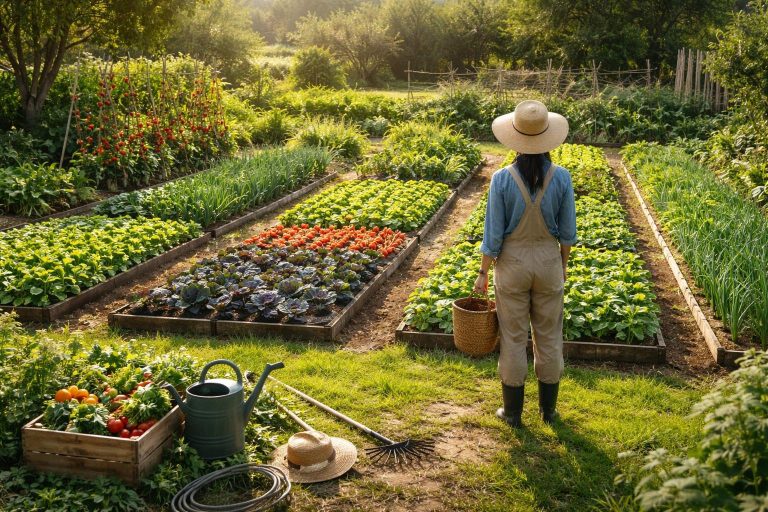 potager-personne-chapeau-jardin-outils