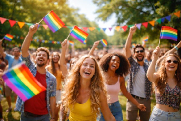groupe-fete-parc-drapeaux-colorés