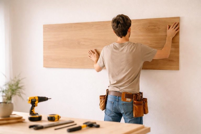 personne-dos-panneau-bois-mur-clair